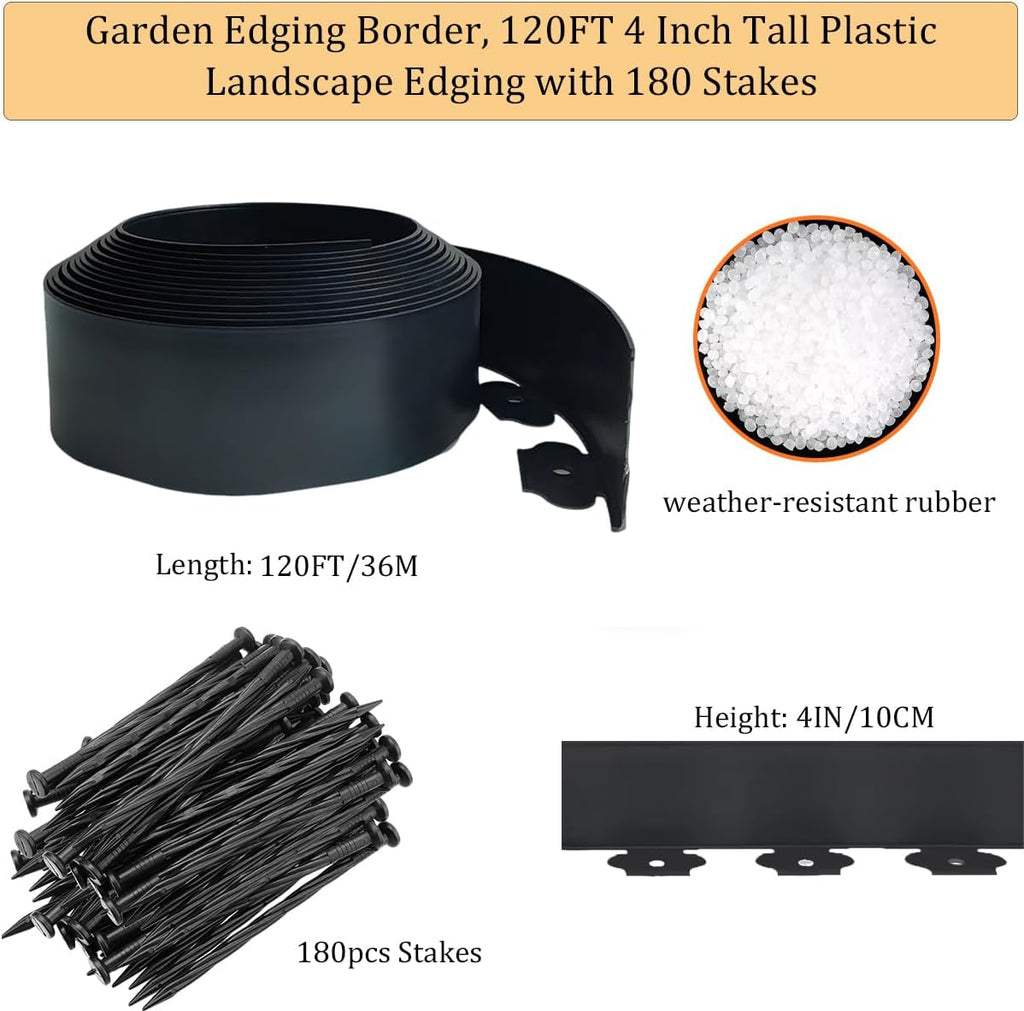Landscape Edging Border 120FT, 4IN Tall Plastic Garden Edging | Lawn Edging Kit with 180pcs Spikes, Tool-Free Flexible