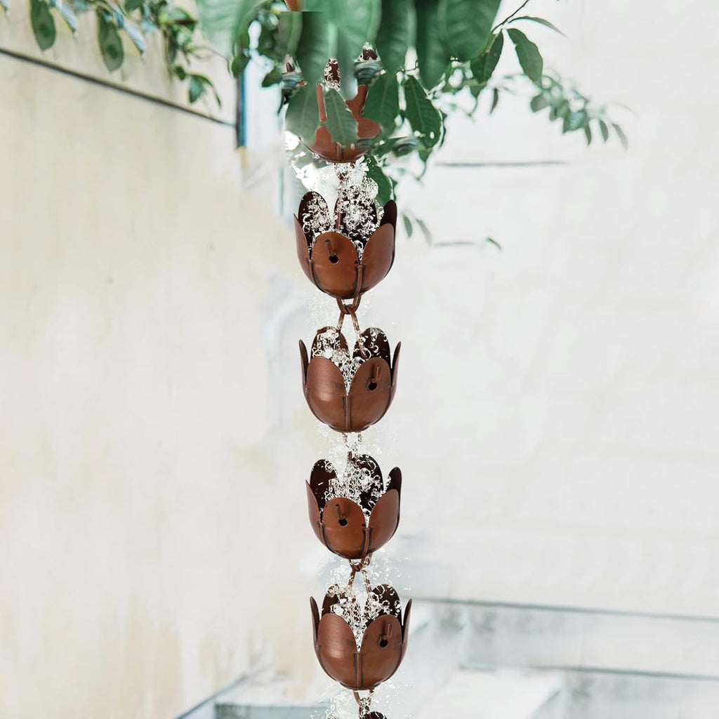 6ft Rain Chain for Gutters Durable Antique Copper Rain Chains for Outside with 17 Large Lotus Cups Decorative Rain