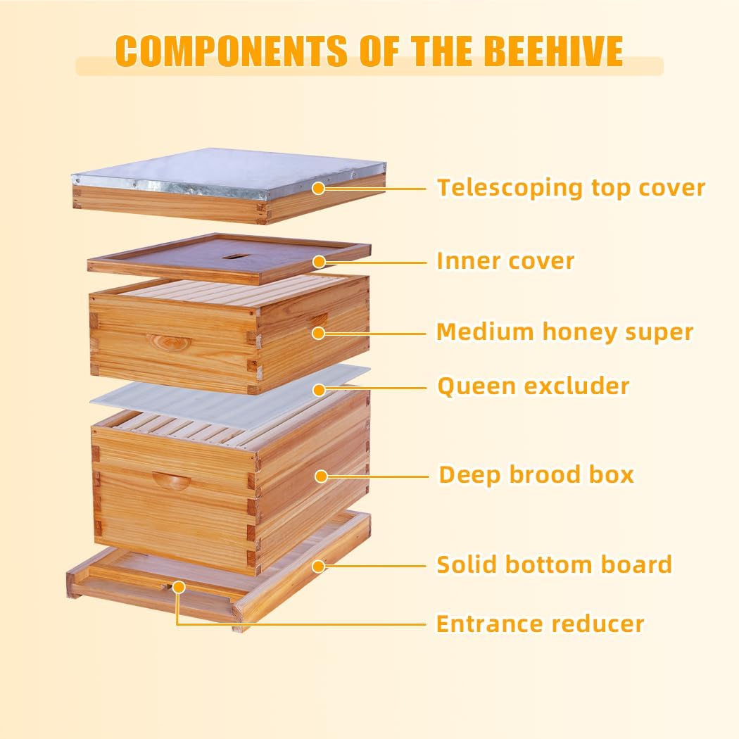 POLLIBEE 8 Frame Beehive Beeswax Coated Langstroth Bee Hives Include 1 Deep Boxes and 1 Medium Bee Box with Beehive