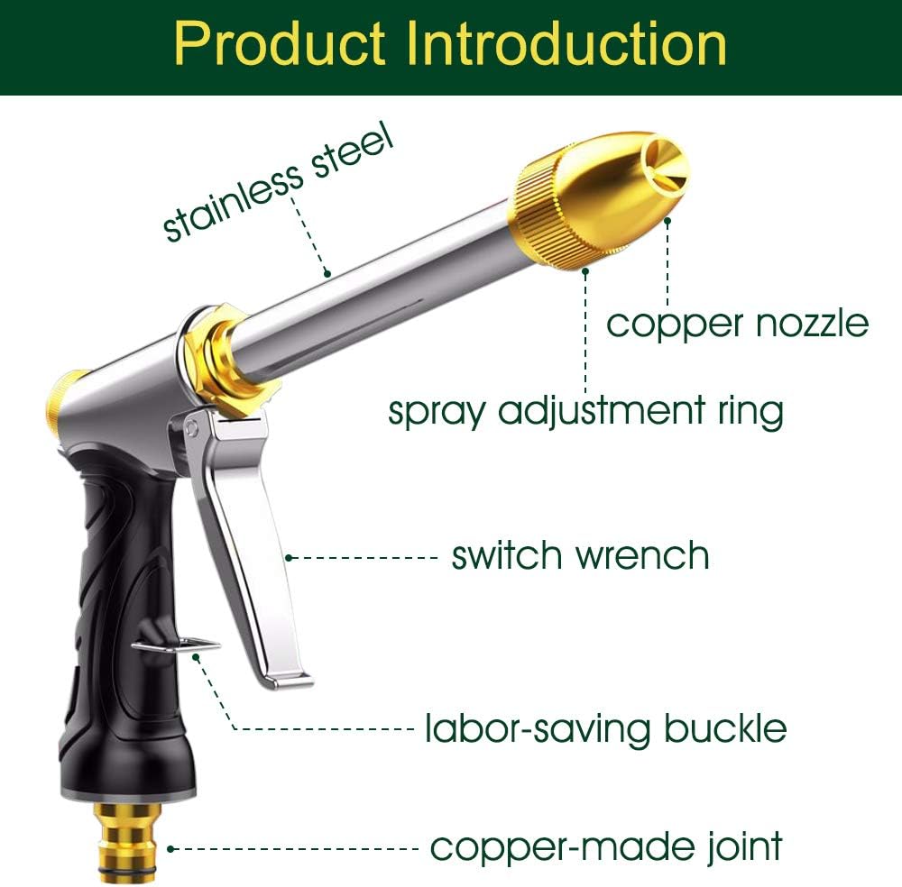 Upgrade Water Hose Nozzle Long Rod Garden Hose Nozzle Heavy Duty metal Brass sprayer 360° Rotaing spray gun for car