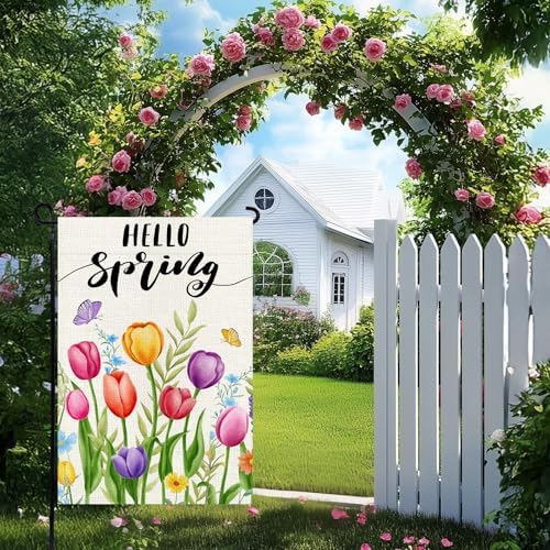 Hello Spring Garden Flag 12x18in, Double Sided Colorful Tulips Flag