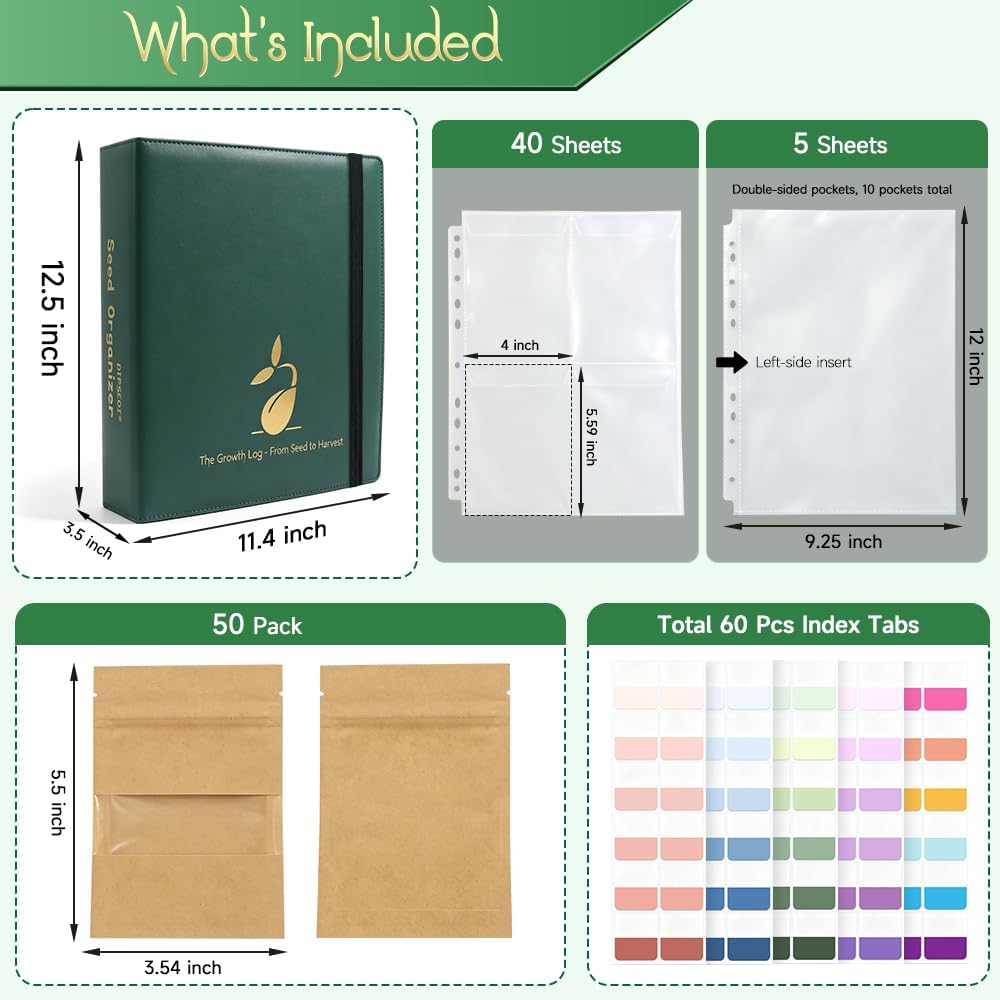 Seed Storage Packet Organizer Binder: Garden Seed Organizer with 45 Sleeves Binder Sheets Hold 170 Seed Packets & 50