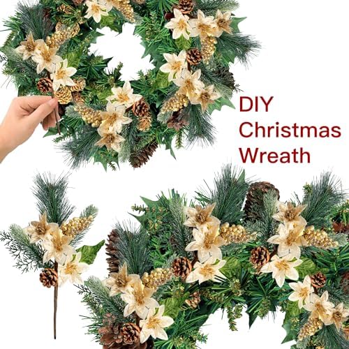 Sggvecsy 6 Pack Artificial Christmas Poinsettia Picks With Faux Berries, Pine Stems, Branches and Cones for Xmas Tree Wreath DIY Craft Floral Arrangement Holiday Decor (Gold)