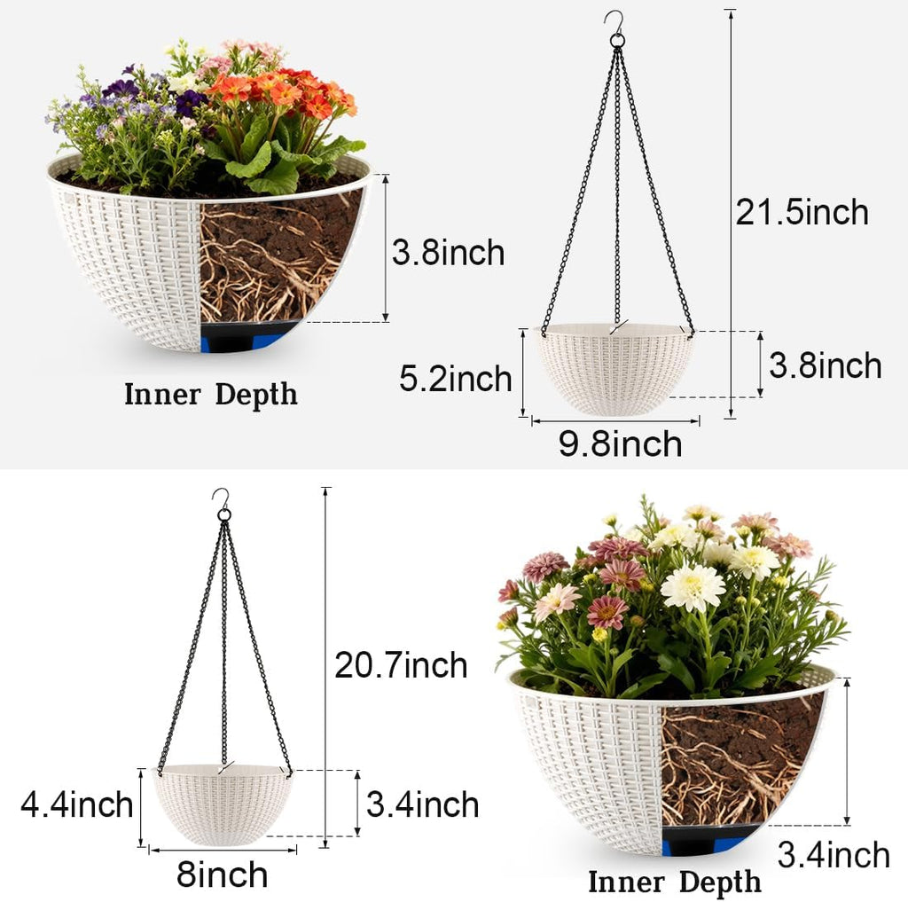 Hanging Planters 8 Inch & 10 Inch, 4 Pack Self Watering Baskets, White | Outdoor/Indoor Plants, Durable PP plastic