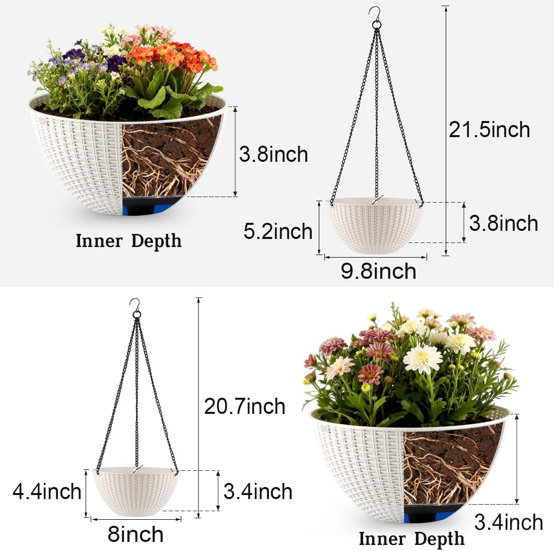 Hanging Planters 8 Inch & 10 Inch, 4 Pack Self Watering Baskets, White | Outdoor/Indoor Plants, Durable PP plastic