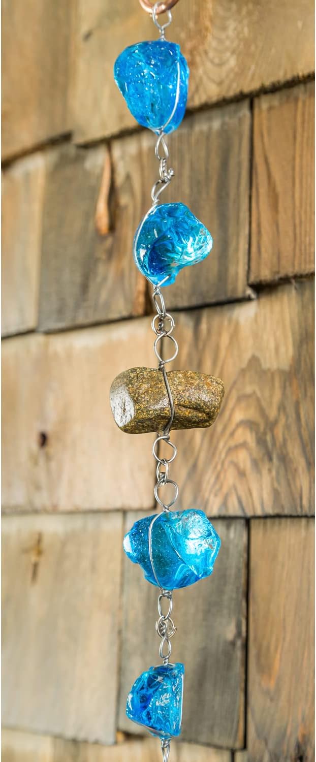 Evergreen 6 Feet Long Blue Glass and Metal Rain Chains for Gutters | Rain Catcher Chain Replacement Downspout