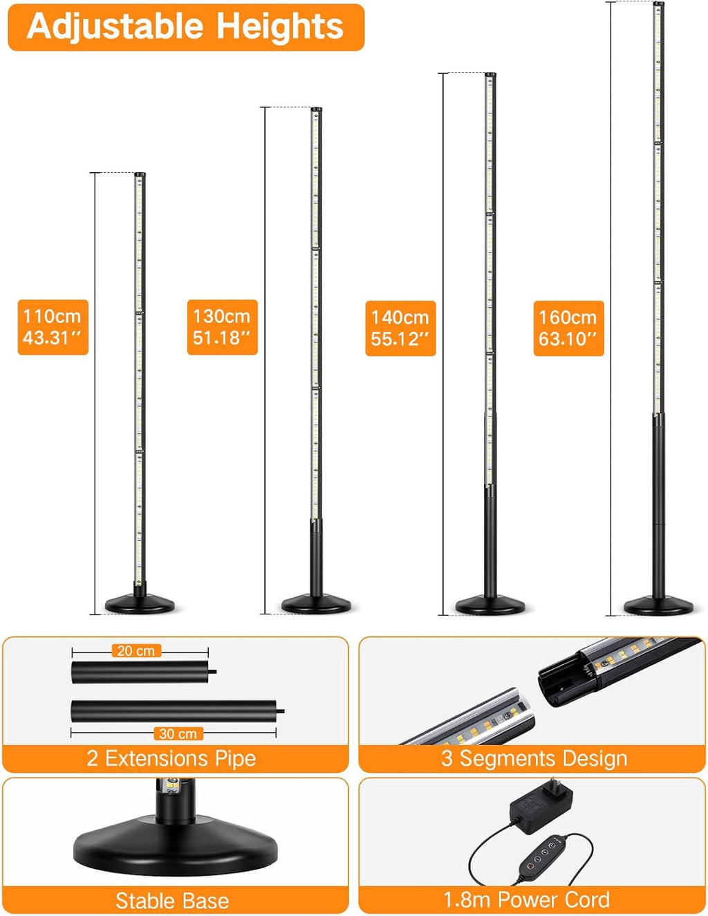 OUTON Standing Grow Lights for Indoor Plants, 36W Full Spectrum Plant Light | Vertical grow light with 210 LEDs, 6000K