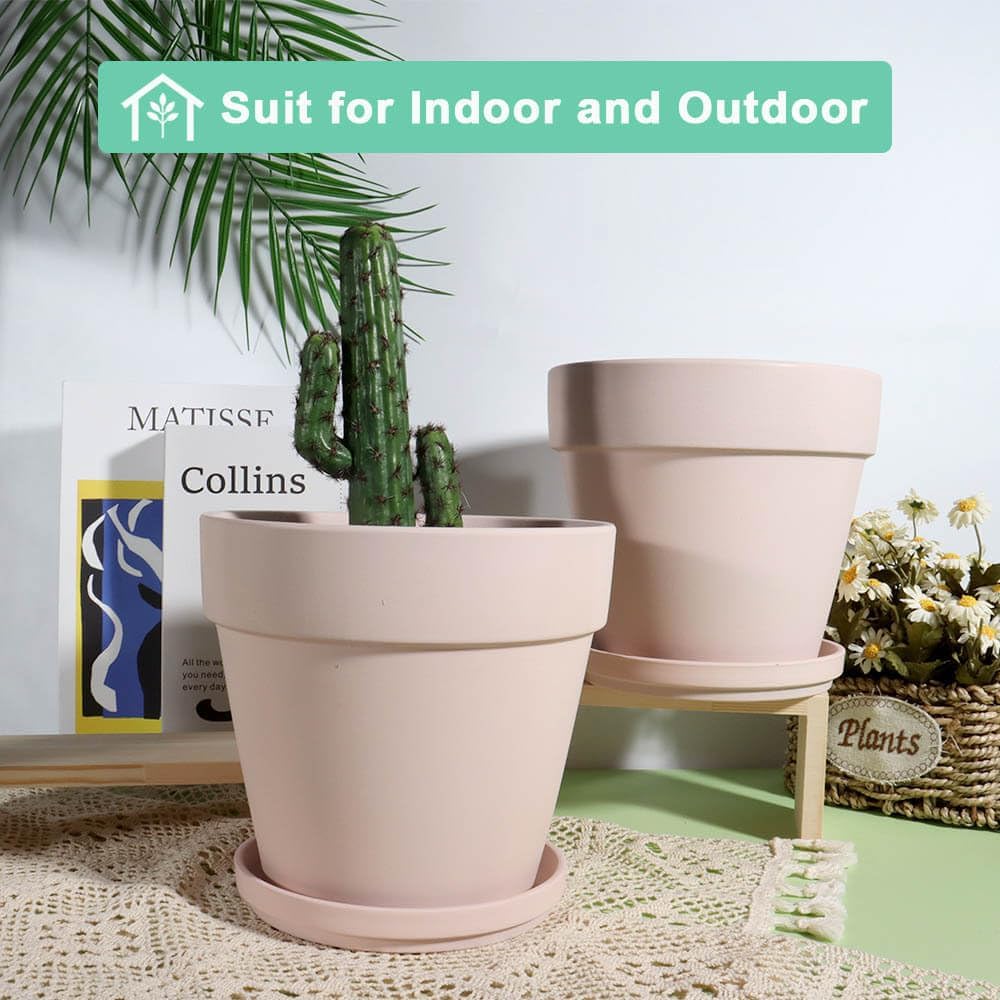 6 Inch Pink Terracotta & Clay Pots with Saucer, 4 Pack | Medium Terra Cotta Planter with Drainage, Flowerpot for Indoor