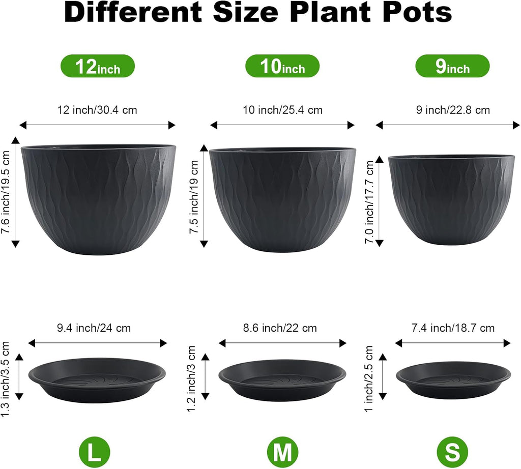 12/10/9 inch Plant Pots, 3 Pack Flower Pots for Outdoor Indoor Garden Plants, Large Planters with Multi Mesh Drainage