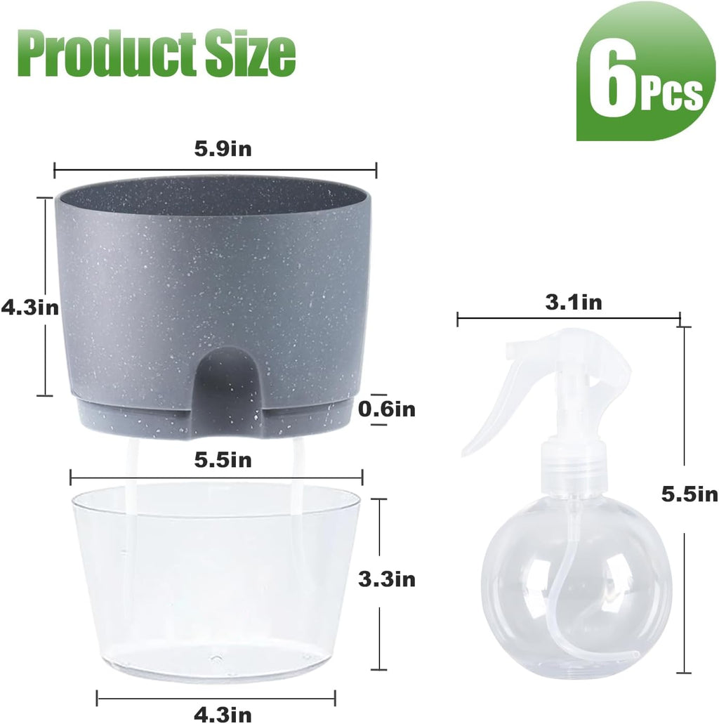 6" Self Watering Pots for Indoor Plants, 6pk Grey w/Drainage Saucers | w/ 1 Free Spray Bottle, Plastic Planters for