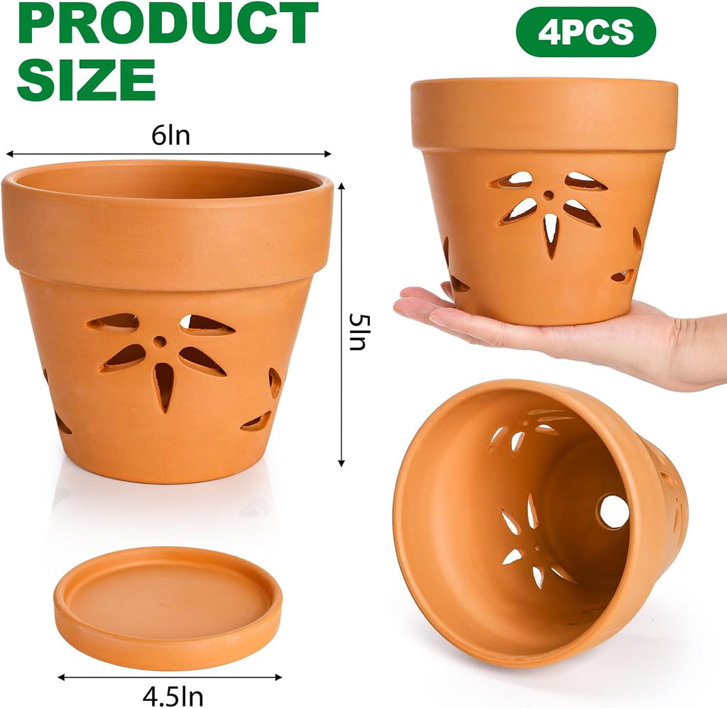 WUWEOT 4 Pack 6 Inch Orchid Pots with Holes and Saucers, Terracotta Clay Orchid Planter Pots for Repotting Garden