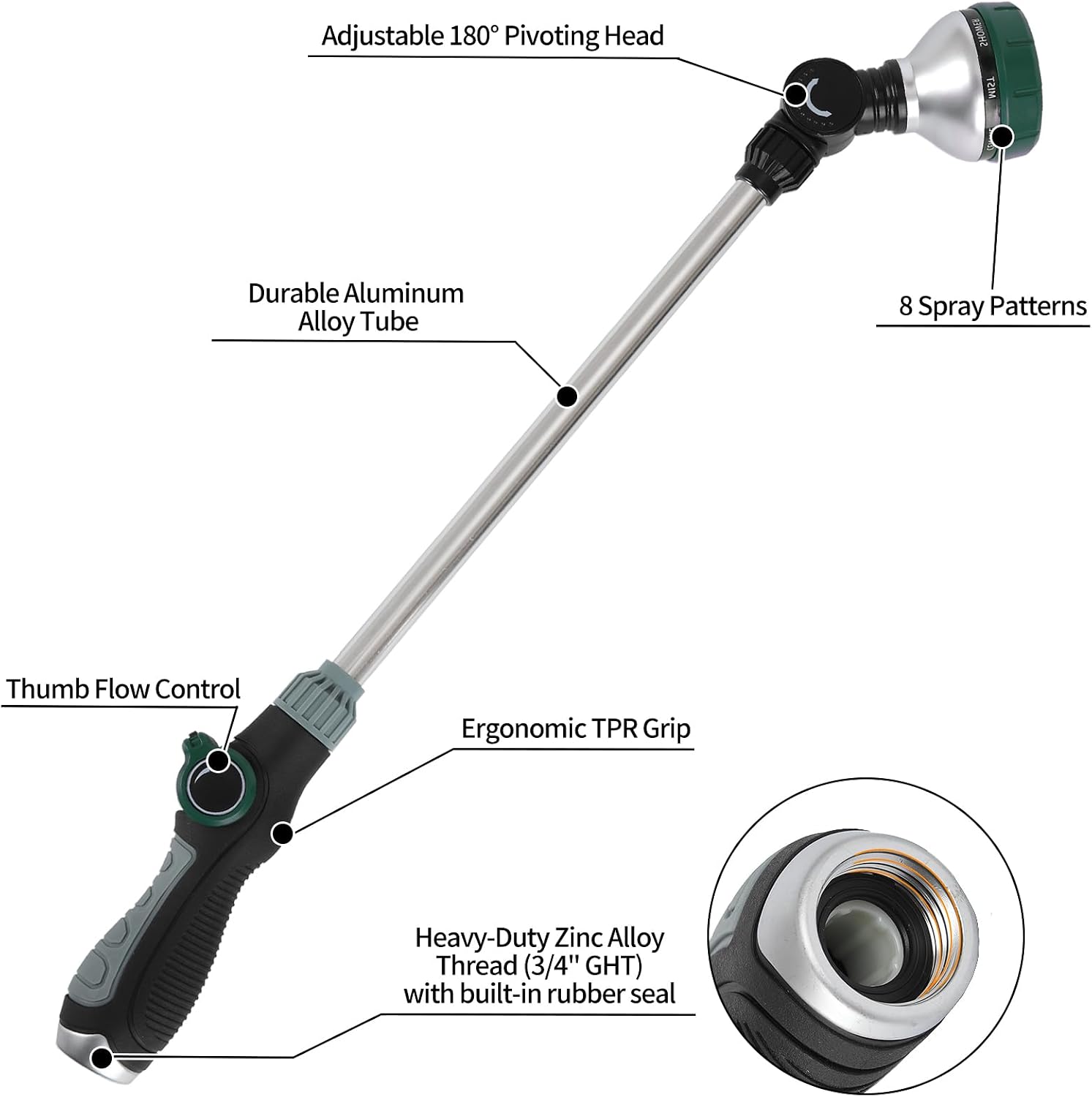 Watering Wand for Garden Hose, 24 Inch, 8 Spray Patterns, Garden Hose Nozzle with Thumb Flow Control, Adjustable Water