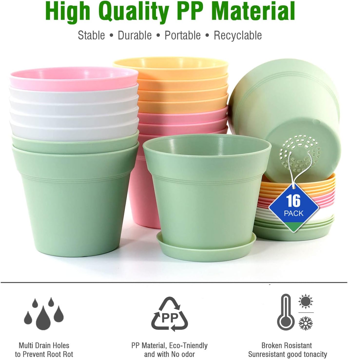 WOUSIWER 16 Pack 6 inch Plastic Planters, Indoor Flower Pots, Heavy Duty and Stylish 6 Inch Plant Pots for Indoor