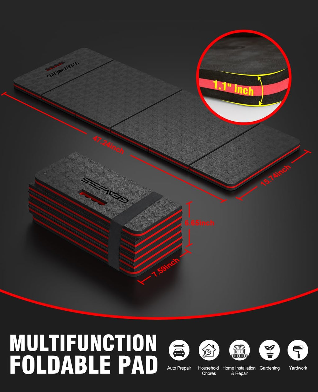 Foldable Foam Kneeling Pad, Mechanic Mat for Ground, 47.2"x15.7"x1.1" | for Gardening, Work, Repairing, Garage, Handle
