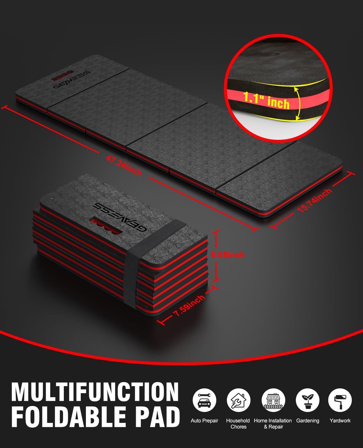 Foldable Foam Kneeling Pad, Mechanic Mat for Ground, 47.2"x15.7"x1.1" | for Gardening, Work, Repairing, Garage, Handle