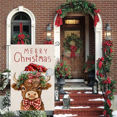 Merry Christmas Cow Garden Flags 12x18 Vertical Double Sided Outside, Highland Cow Yard Flag Outdoor Holiday Seasonal Winter Decorations for Home