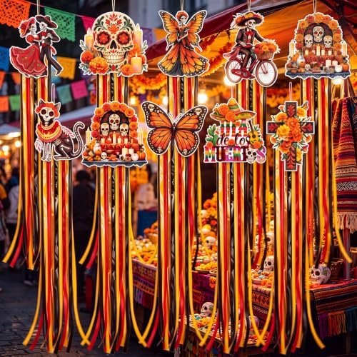 10 Pcs Day of The Dead Decoration Sugar Skull Hanging Decor 4.4 ft