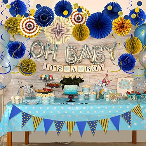 24 Pcs Blue Gold Party Decorations, Paper Fans Pom Poms Banner