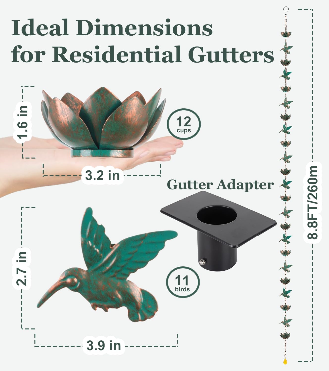 shumi Rain Chain for Gutters, 8.8 FT Decorative Heavy Duty Rain Chain | 12 Hummingbird & 12 Lotus Cups, Copper Plated