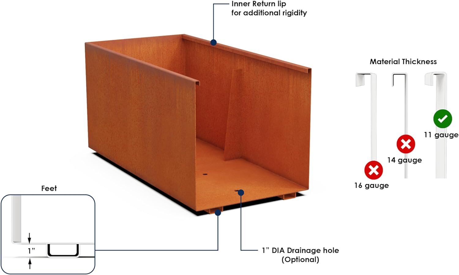 Large Rectangular Planters for Outdoor Plants - 60x18x36 Inch Corten Steel Planter, Extra Large Outdoor Planter Box for
