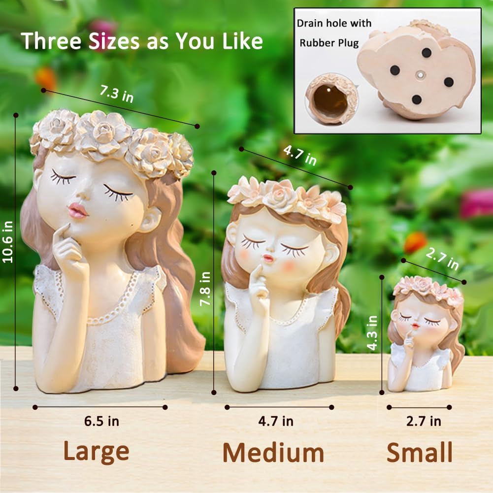 Succulent Plant Pot Drainage Hole large girl face planter pot big Resin lady head planter 11 inch tall flower vases