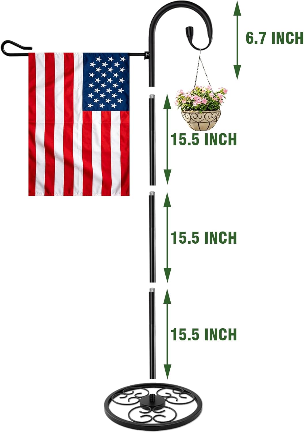 53" Heavy Duty Garden Flag Stand & Shepherds Hook, Scrollwork Anti-Tip Base | All-Weather Rustproof Coating Tool-Free