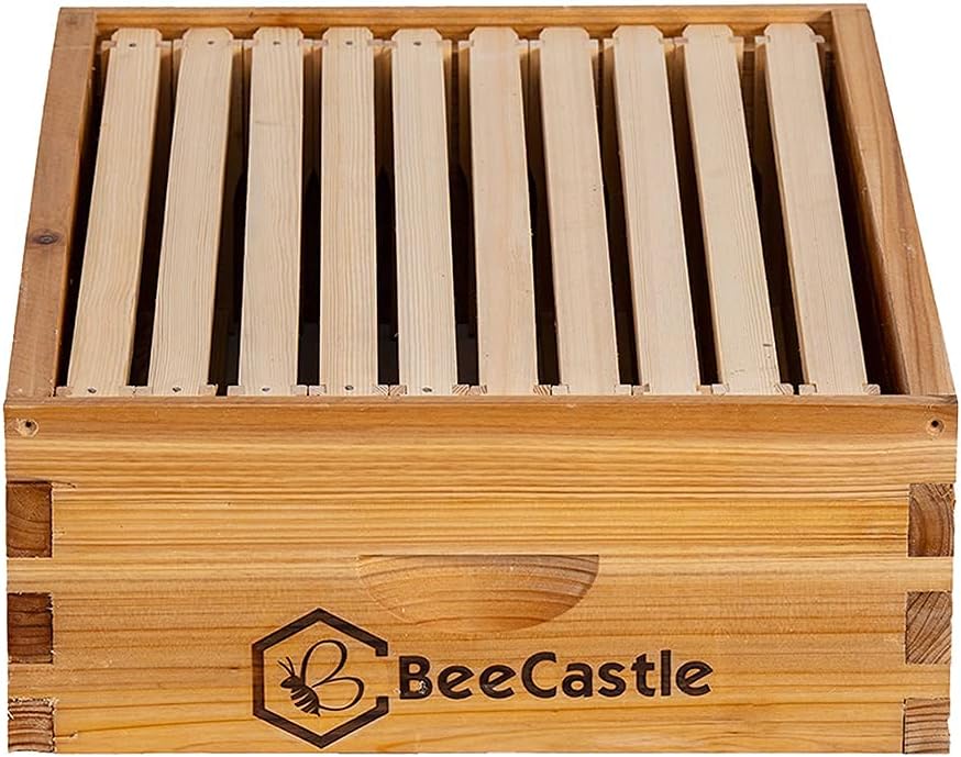 BeeCastle 10 Frame Medium Super Bee Hive Box, Langstroth Honey Bee Hive Dipped in 100% Beeswax Include Beehive Frames