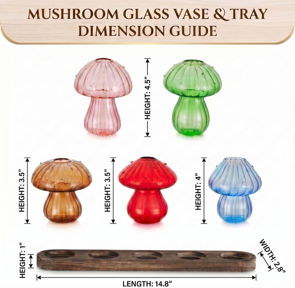 Mushroom Plant Propagation Station, 5 Vases, Wooden Stand | Colored Glass, Hydroponic, Mini Terrarium Planter, Indoor