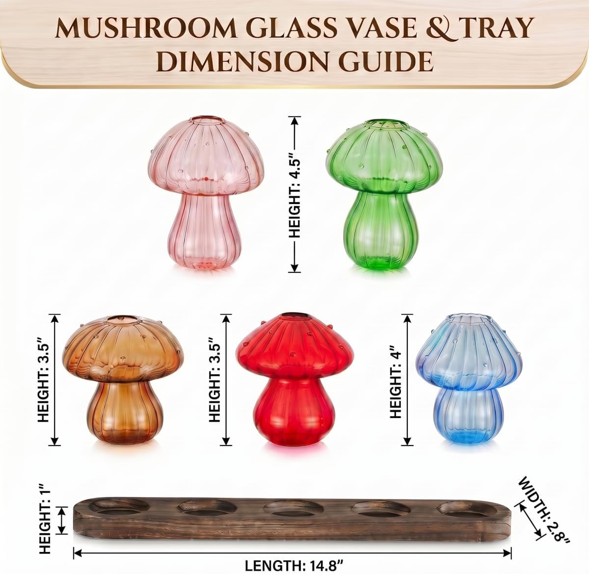 Mushroom Plant Propagation Station, 5 Vases, Wooden Stand | Colored Glass, Hydroponic, Mini Terrarium Planter, Indoor