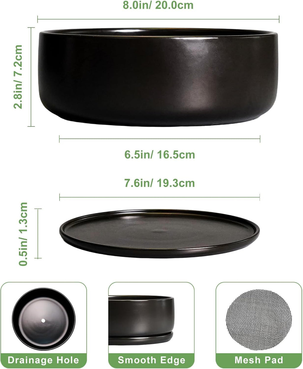 SQOWL Bonsai Pots - 8 Inch Ceramic Plant Pots for Succulents, Round Indoor Planter with Drainage Hole and Saucer