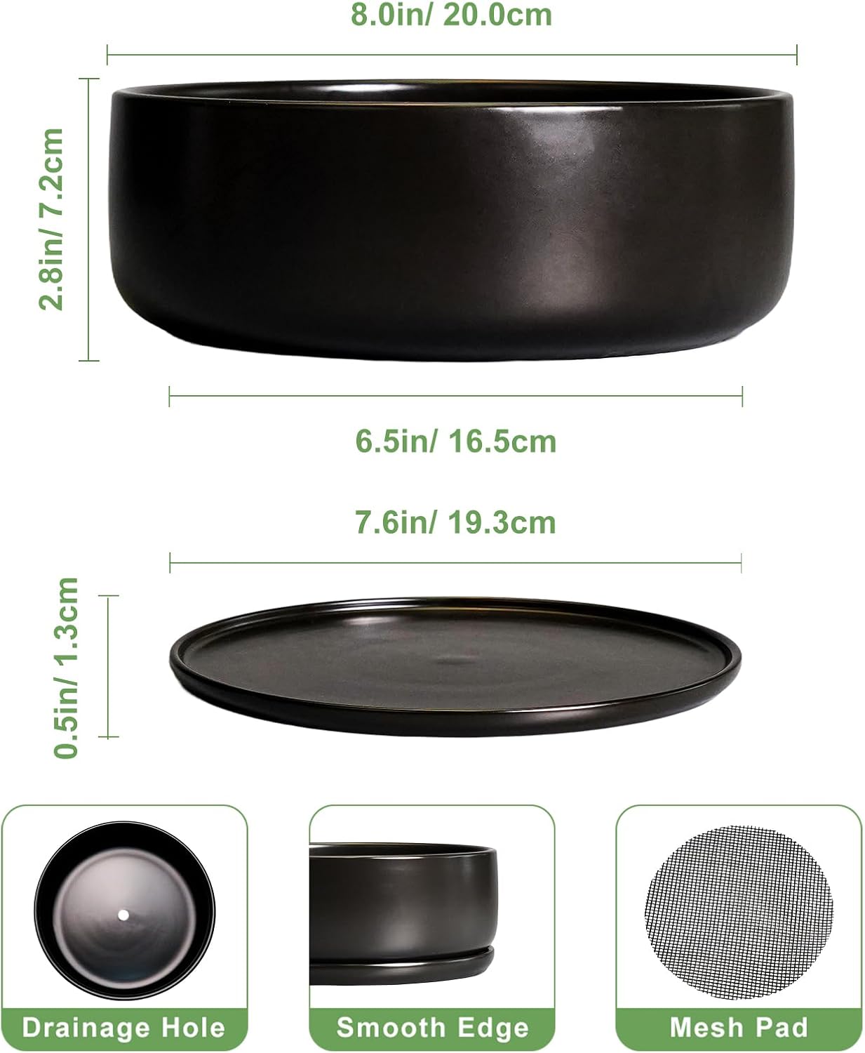 SQOWL Bonsai Pots - 8 Inch Ceramic Plant Pots for Succulents, Round Indoor Planter with Drainage Hole and Saucer