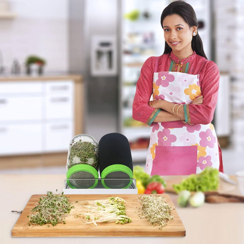 Seed Sprouting Jar Kit with Wide Mouth Mason Jars, Premium Stainless Steel Screen Sprout Lids, Blackout Sleeves, Tray