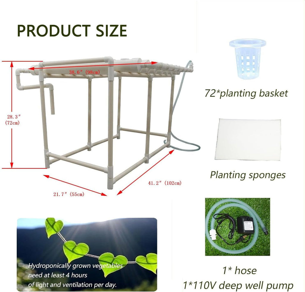 INTBUYING Hydroponics Growing System 72 Holes 8 Pipes 1 Layer Plant Site Grow Kit with 110V Water Pump, Nest Basket
