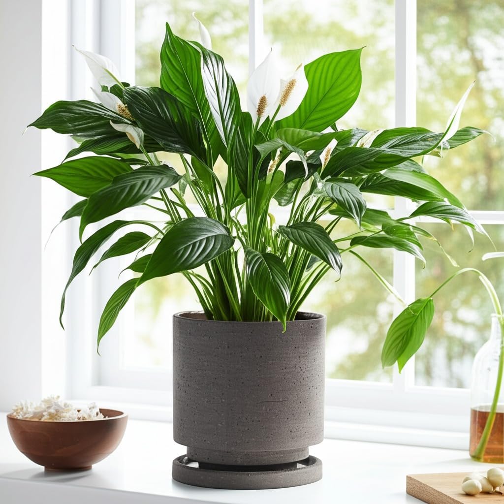Nihow Ceramic Plant Pot Drainage Hole & Saucer for Indoor Plants, 5.7 Inch | Charcoal Gray, Cylinder Planters, Art