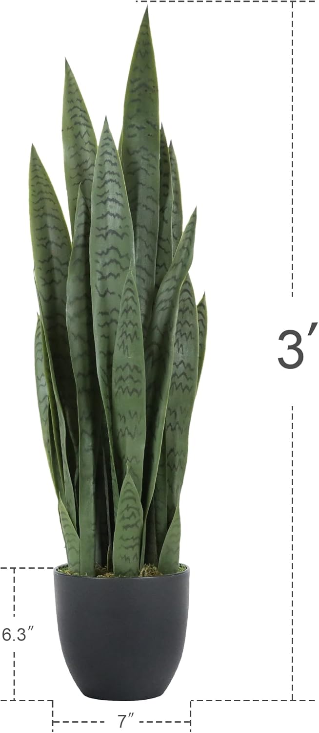Worth Garden 3ft Artificial Snake Plant Fake Sansevieria Indoor Outdoor, 28 Thick Leaves Lifelike Faux Silk Plant, Home