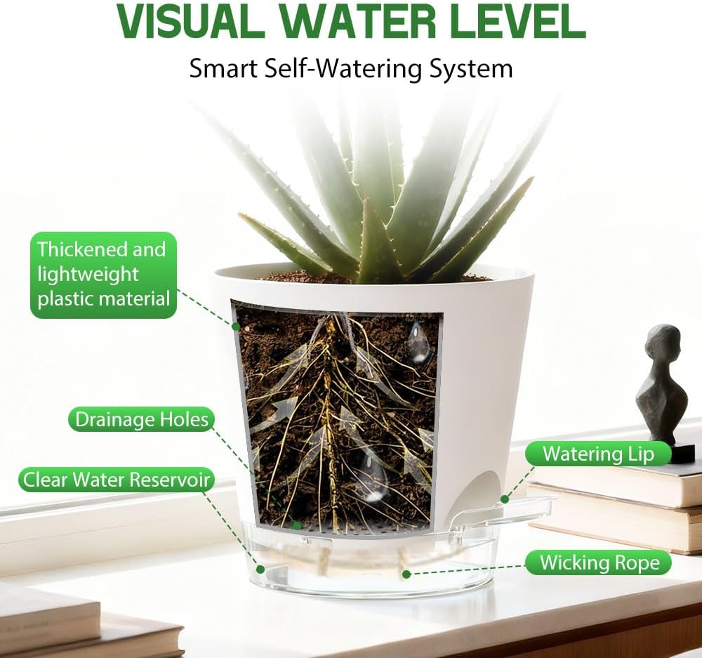 Self Watering Pots for Plants, 2026 New Flower Plant Pots with Drainage Holes, Wicking and Clear Reservoirs for