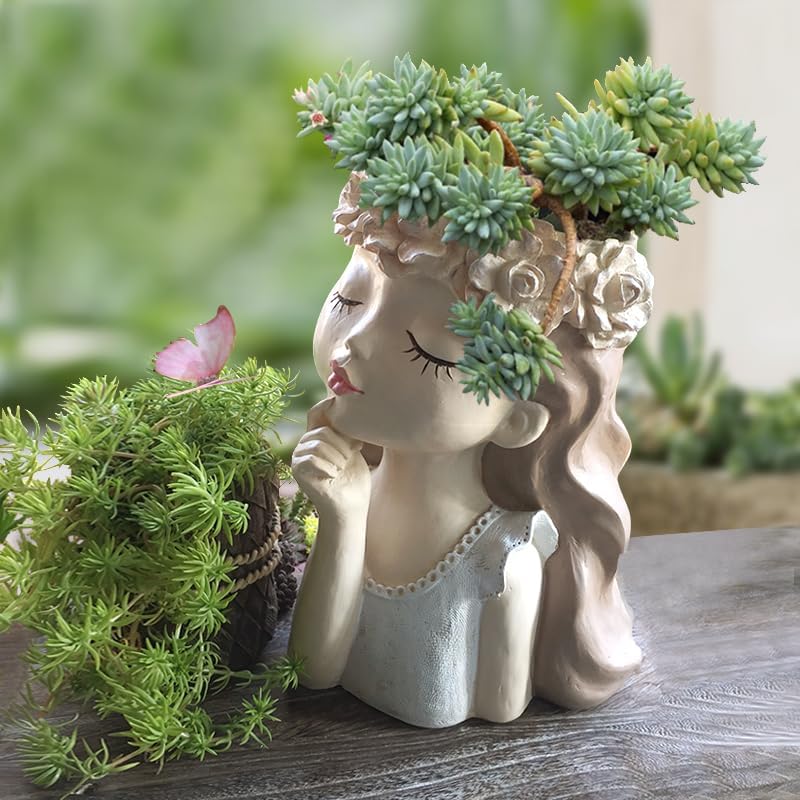 Succulent Plant Pot Drainage Hole large girl face planter pot big Resin lady head planter 11 inch tall flower vases