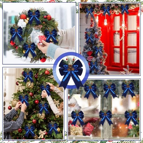 Syhood 6 Pcs Christmas Bows Xmas Velvet Bows Tree Decor, Blue
