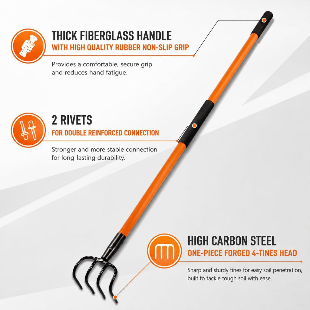 Cultivator for Gardening, 4 Tines Garden Cultivator with Fiberglass Handle, 58 Inches