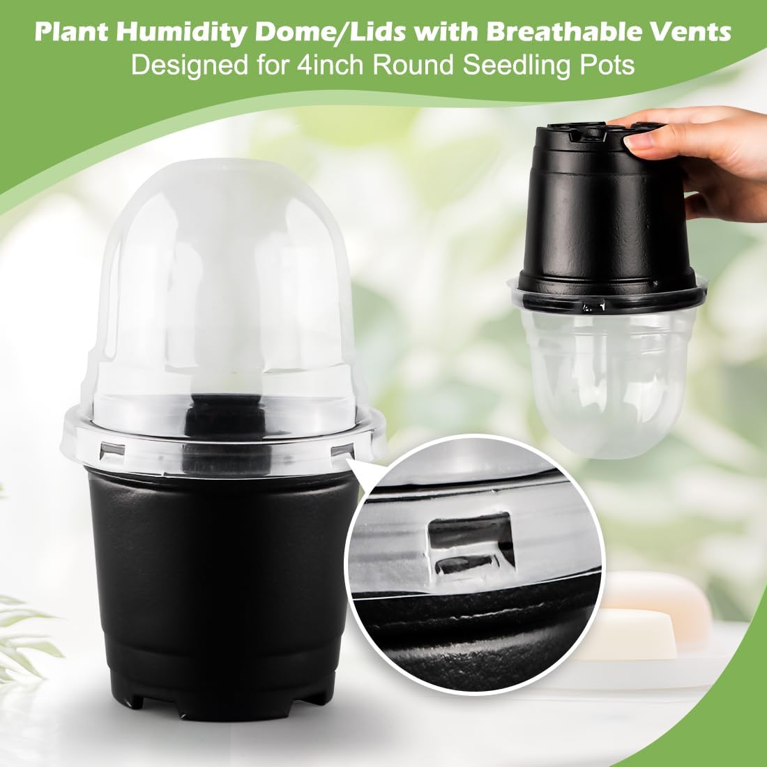 RooTrimmer Humidity Domes for 4 Inch Pots, 100 Pack Transparent Plant Dome Covers with Ventilation, Clear Nursery Pot