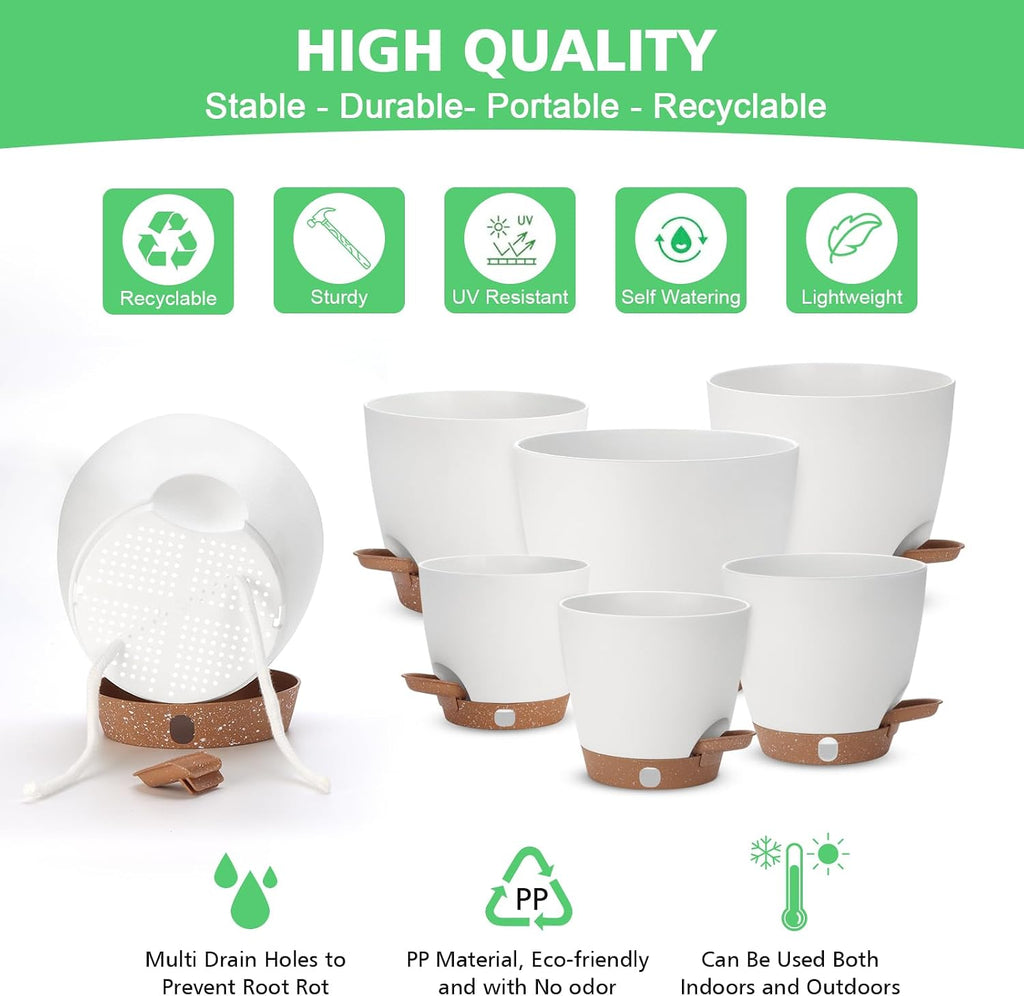 Self Watering Planter with Visual Water Level, 6Pack Small Plastic Pot Set with Drainage Holes and Reservoir Saucers