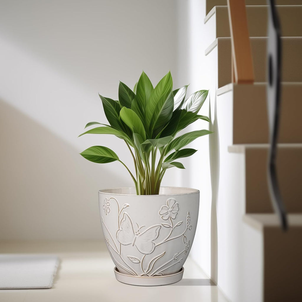 10 Inch Plant Pot Ceramic Planter Pot with Drainage Hole and Saucer Round Planter Large Flower Pot for Indoor Outdoor