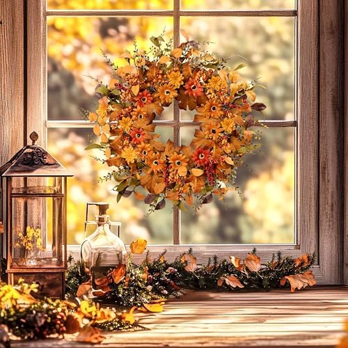 Artificial Fall Wreath 22 Inch Fall Wreaths for Front Door with Orange Berries Daisies Eucalyptus Leaves Autumn Door Wreaths for Thanksgiving Harvest Festival Wall Porch Farmhouse