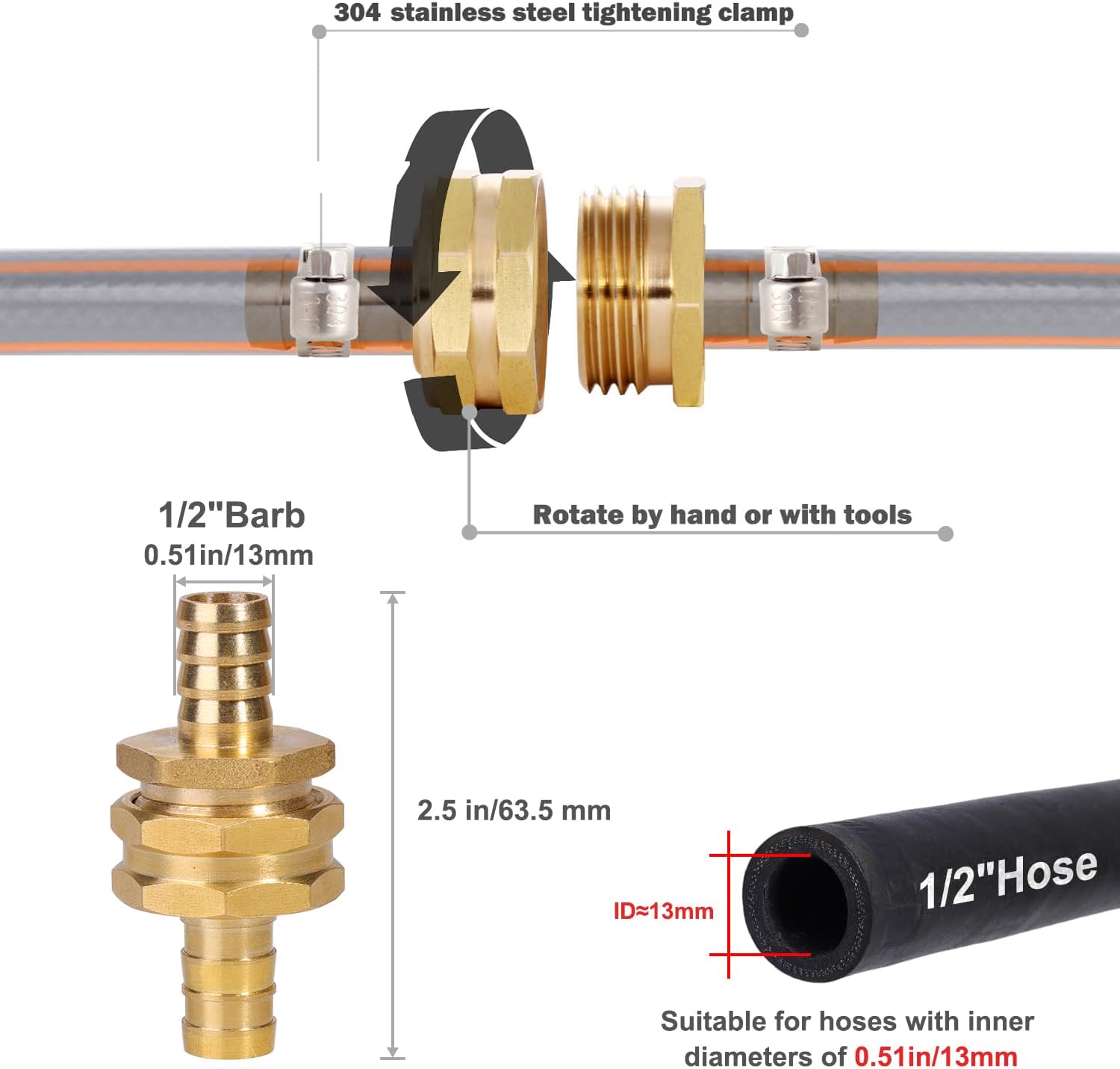 Garden Solid brass Hose Repair Connector with Clamps,Fit for Garden Hose Fitting,Male and Female Hose Fittings 10 Set