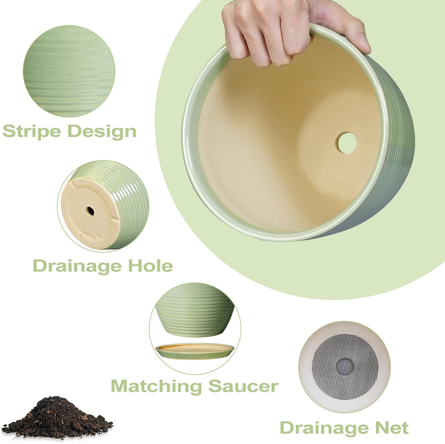 Ceramic Plant Pots - 6 Inch Ceramic Planter with Drainage Hole and Saucer, Modern Planters for Indoor Outdoor Plants