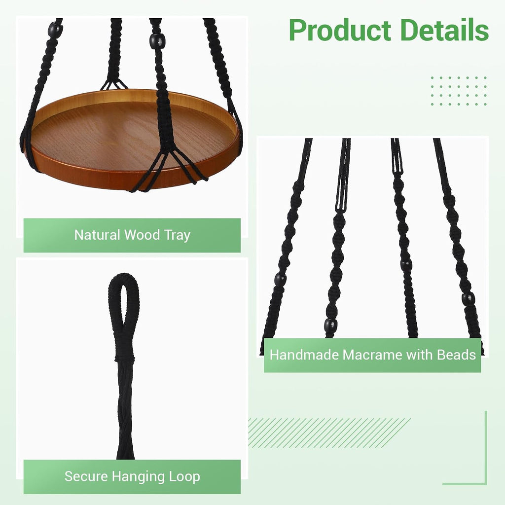 2 Pack Macrame Plant Hanger, 41'' & 32'' Plant Hanger Indoor Set with 12'' & 9.8'' Wood Trays, Bohemian Hanging Planter