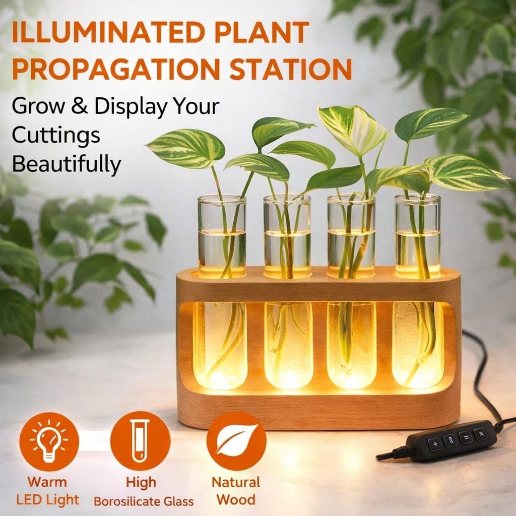 Plant Propagation Station with Glass Tubes – Wooden Plant Cutting Vase Holder, Water Propagation Kit for Indoor Plants