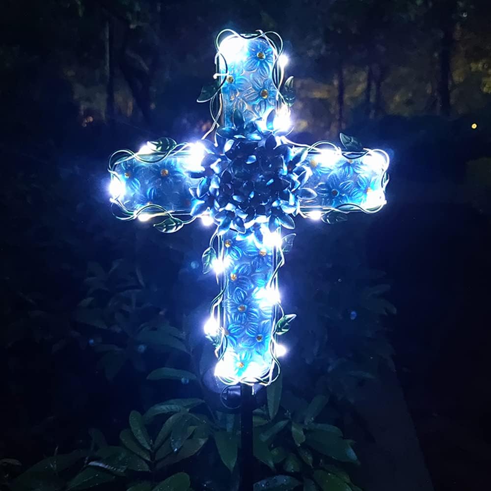 COOZZYHOUR Solar Cross Garden Lights Outdoor Decorative - Solar Metal&Glass Cross Blue Hydrangea Flower Stake Lights