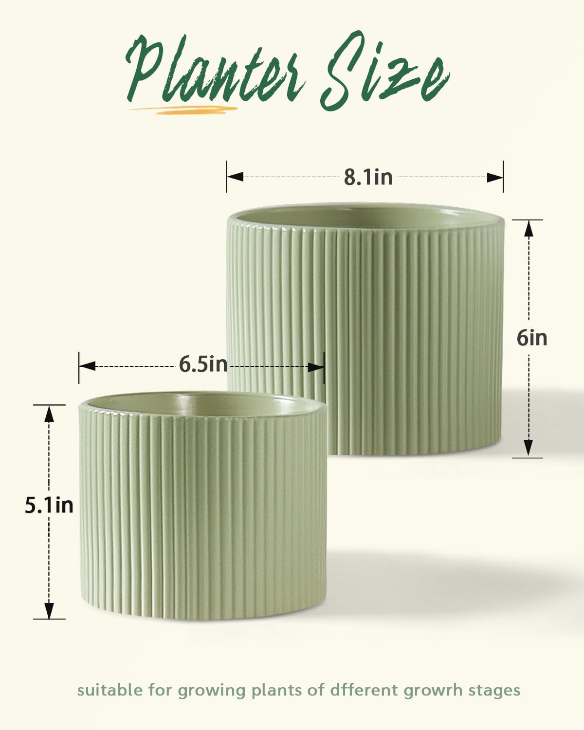 Ceramic Plant Pots, 8.1 + 6 Inch Planters for Indoor Plants, Modern Flower Pot for Plant with Drainage, Medium Cylinder