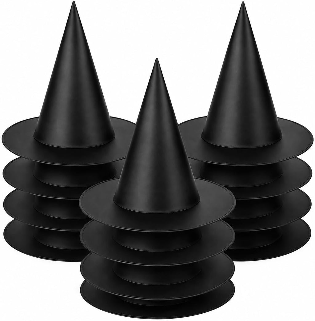 12 PCS Halloween Witch Hats, Black Wizard Hats with 105 FT Nylon Cord, Halloween Hanging Decorations for Indoor Outdoor